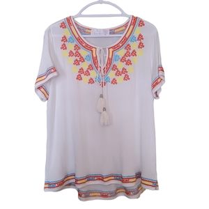ETWO Boho Style Embroidered Short Sleeves Top Tunic